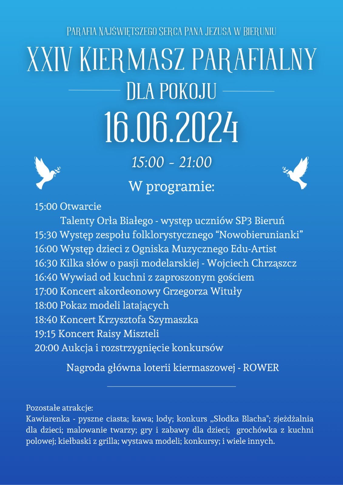 niebieski plakat informacyjny z białymi napisami, z prawej i lewej strony rysunek małych białych gołębi z gaozkami w dziobie
