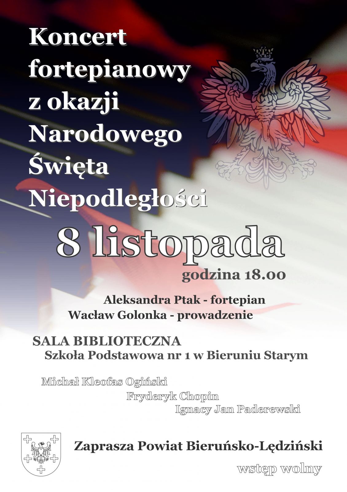 Plakat informacyjny o koncercie fortepianowym z okazji Narodowego Święta Niepodległości