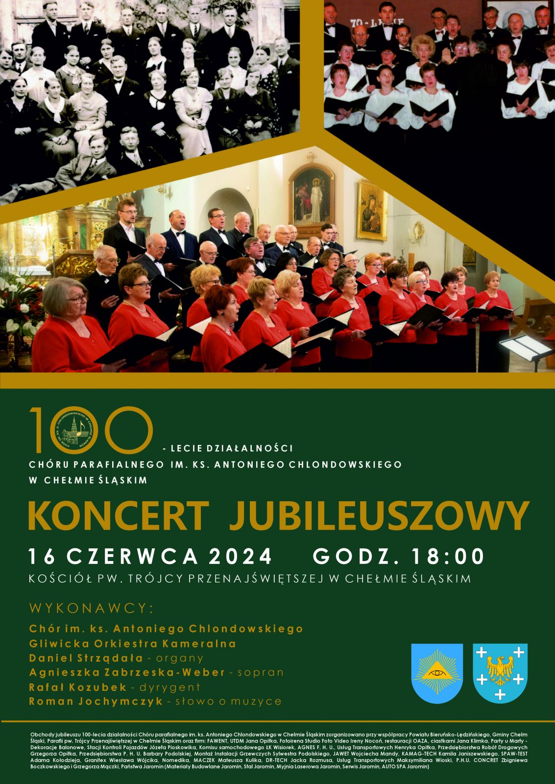 Plakat informacyjny w odcieniach złota i butelkowej zieleni. Na górze trzy zdjęcia chóru z różnych lat, na dole plakatu informacje o koncercie