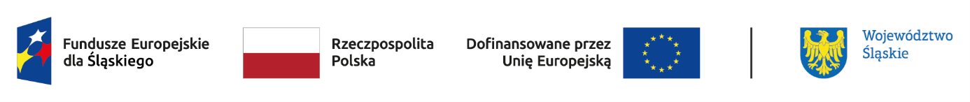 Logotypy Fundusze Europejskie dla Śląskiego, Flaga Polski i podpis Rzeczpospolita Polska, tekst Dofinansowano przez Unię Europejską, Flaga Unii. Godło Województwa Śląskiego, podpis Województwo Śląskie