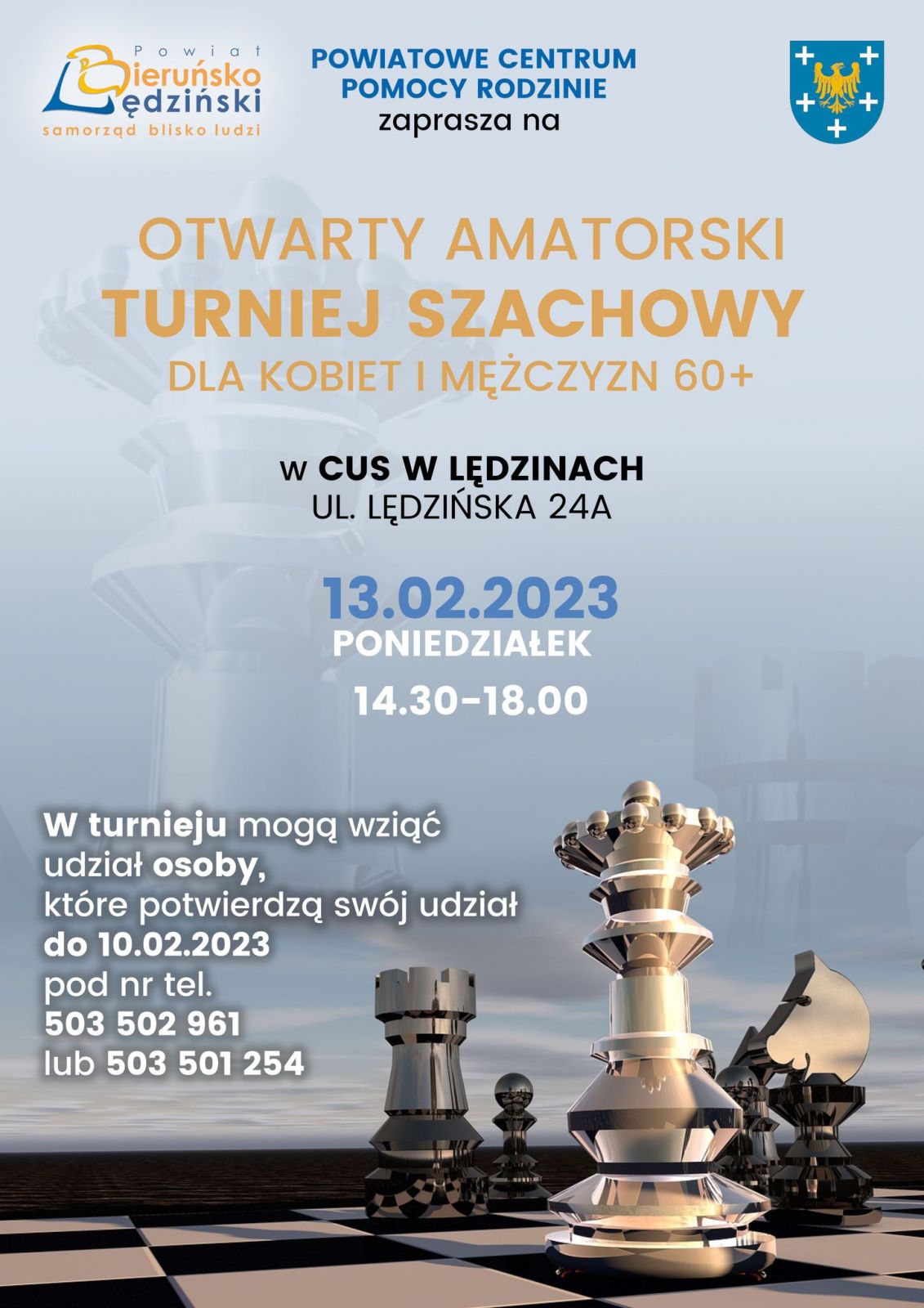 Plakat informacyjny z metalicznymi szachami