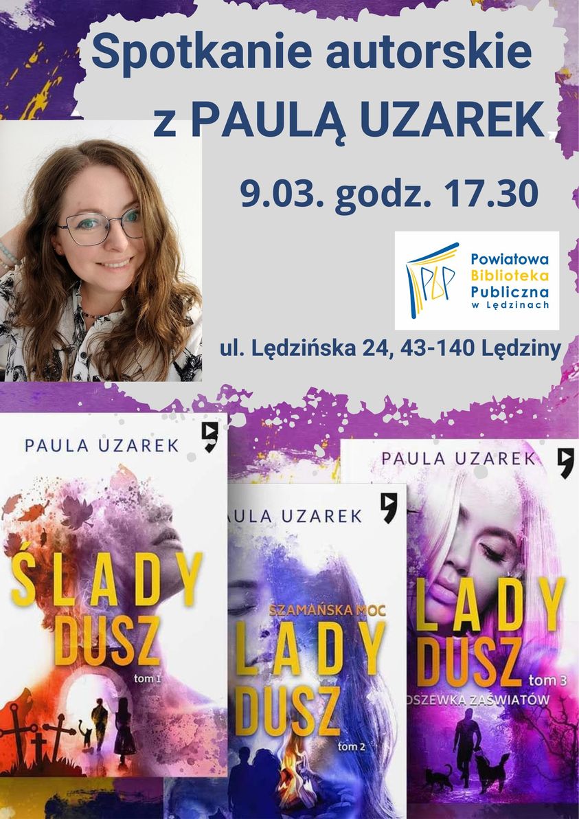 Plakat informacyjny w odcieniach fioletu przedstawiający trzy tomy książek oraz zdjęcie autorki