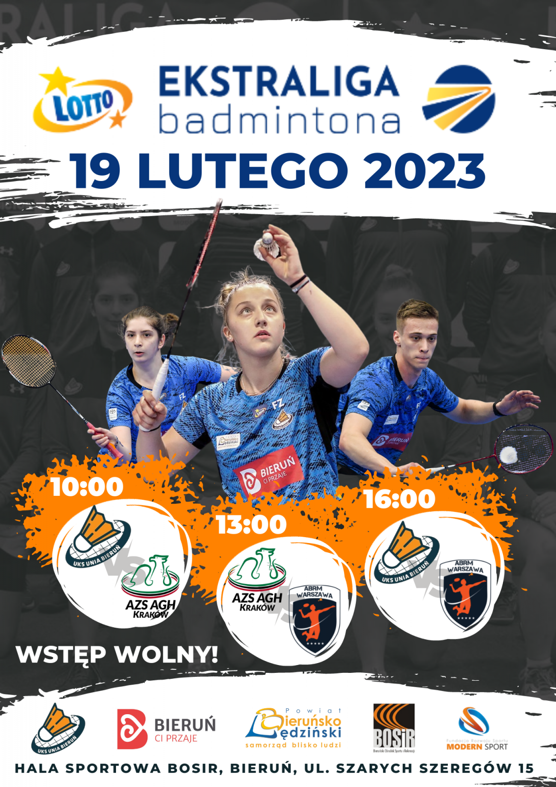 plakat przedstawiający badmintonistów w grze, sponsorów orza terminy rozgrywek