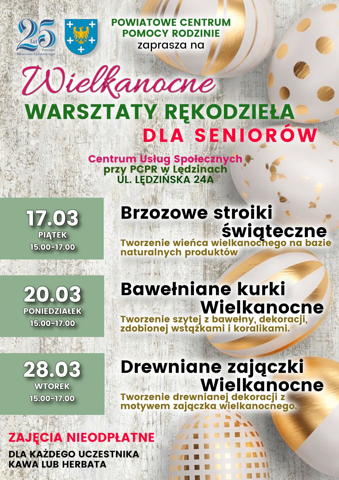 Plakat z biało-złotymi pisankami dotyczączy wielkanocnych warsztatów rękodzieła dla seniorów 