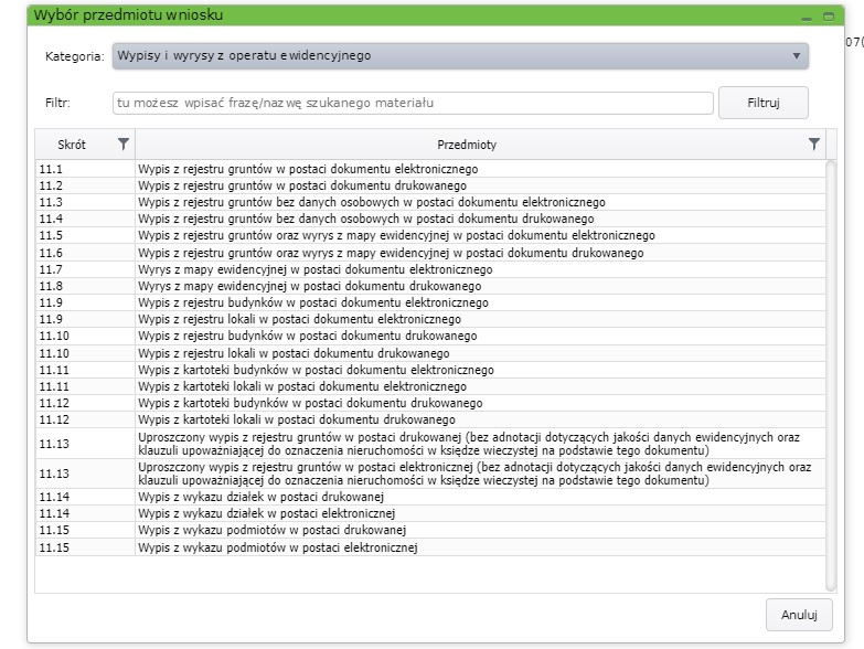 Okno wybory orzedmiotu wniosku w Geodezyjnym Sklepie Internetowym