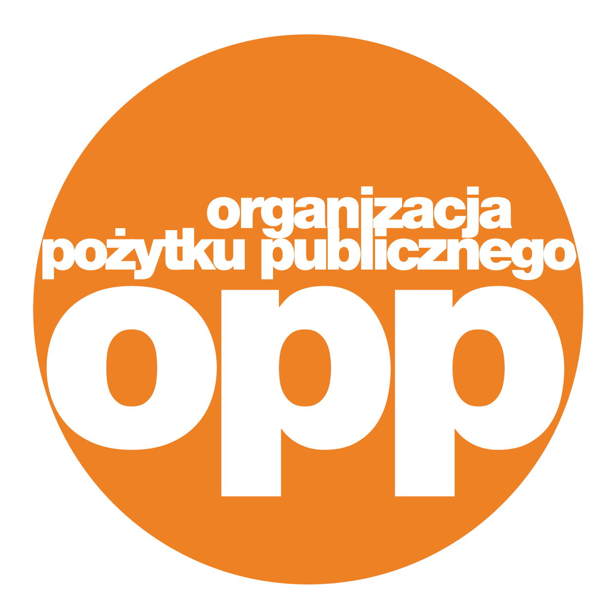 Biały napis organizacj pożytku publicznego  OPP w pomarańczowym kole