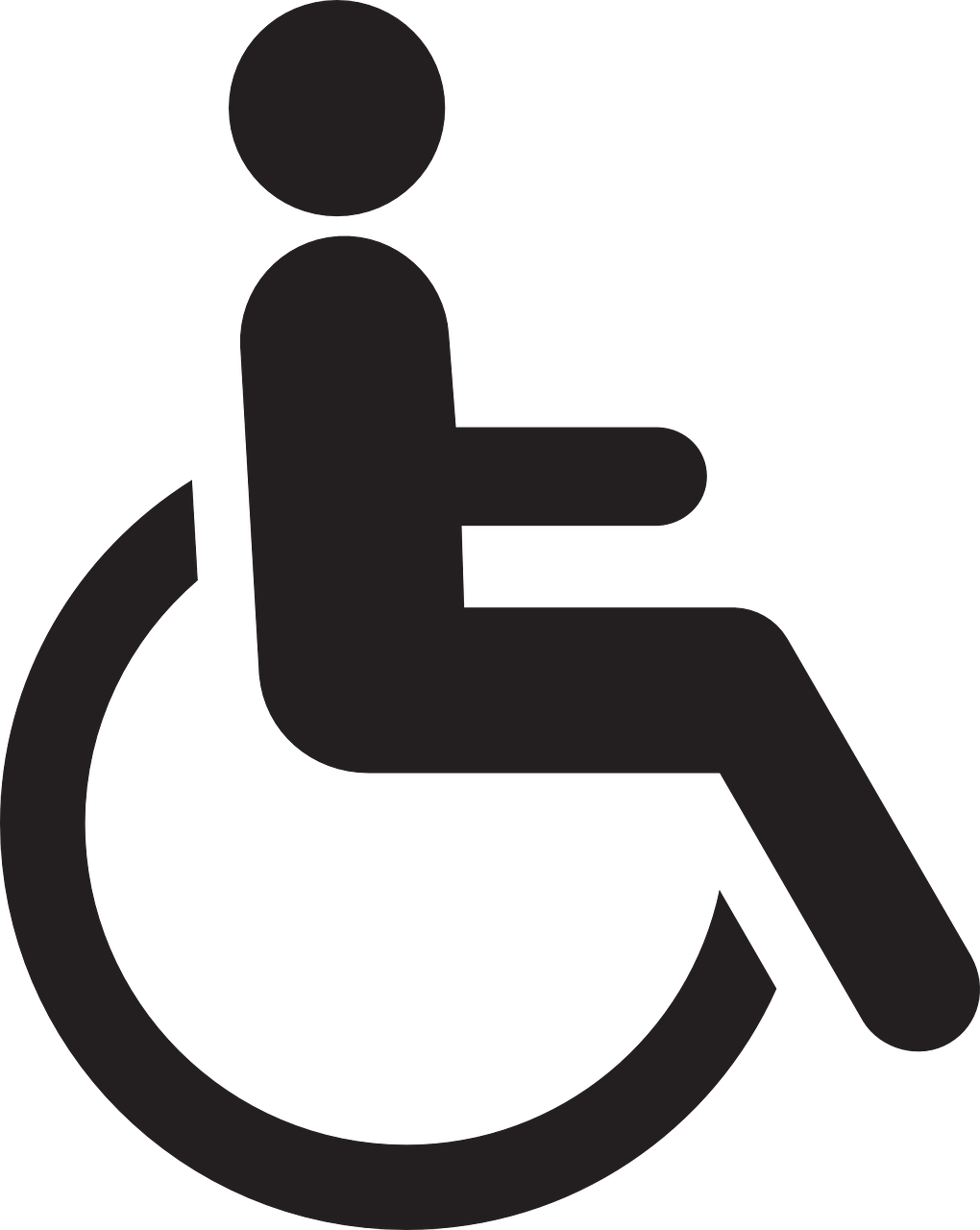 Czarny znak osoby niepełnosprawnej siedzcej na wózku inwalidzkim