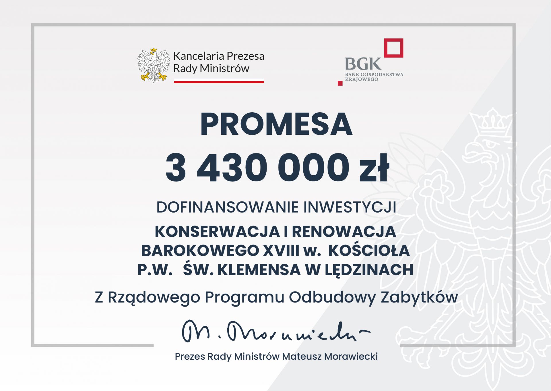 Promesa na dofinansowanie prac konserwatorskich i renowacyjnych kościoła św. Klemensa w Lędzinach