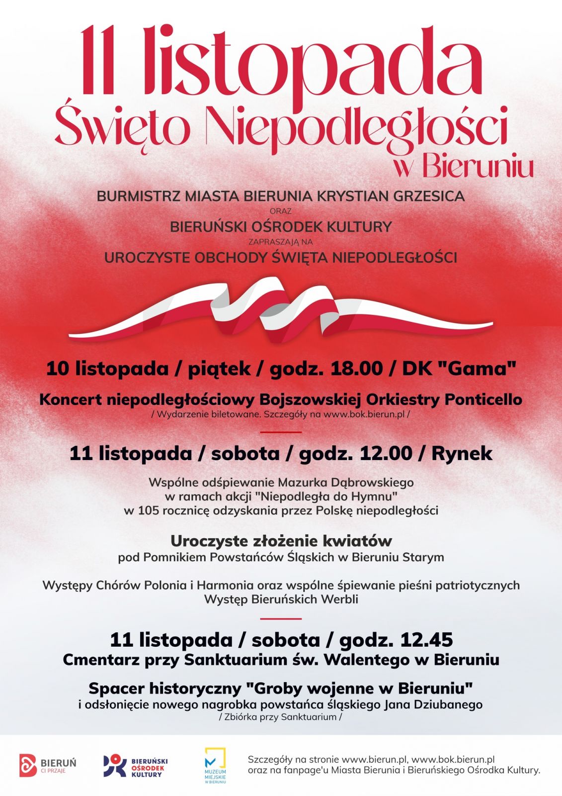 Plakat informacyjny o obchodach Narodowego Święta Niepodległości w Bieruniu