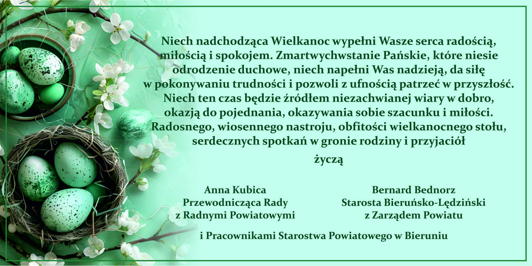 Życzenia Wielkanocne, z lewej strony motyw z białymi kwiatami  niebieskimi pisankami 