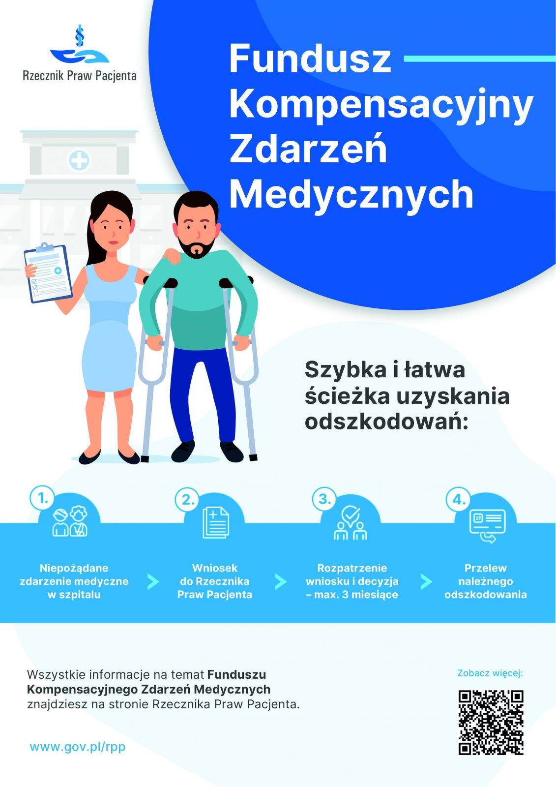 Platat informacyjny w odcieniach bieeli i niebieskiego przedstawiający grafikę mężczyzny o kulach i kobiety trzymającej dokumenty
