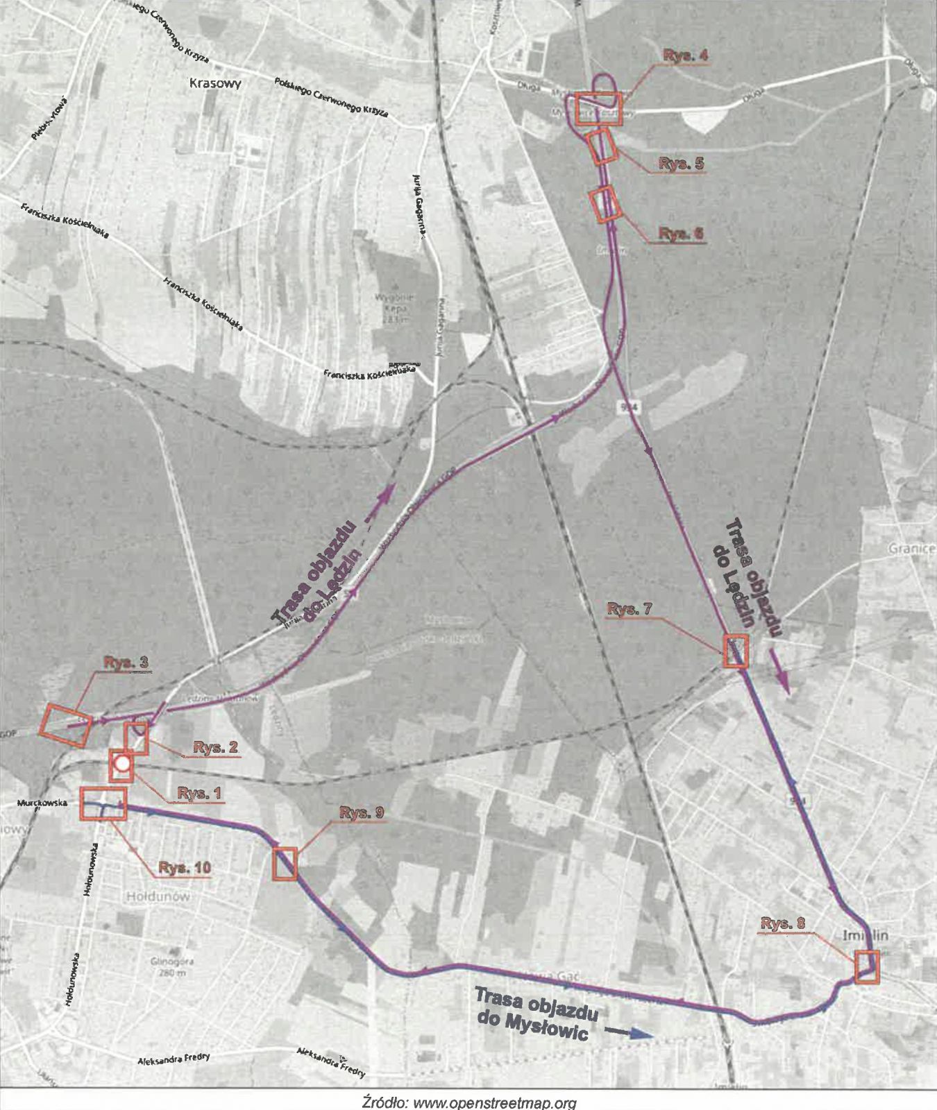 mapa z zaznaczonym objazdem