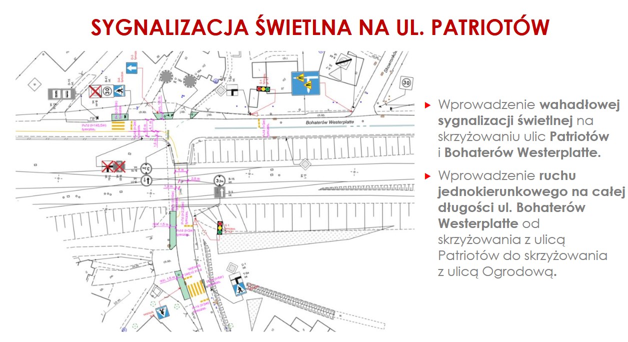 Czarno-biała mapa z zaznaczona sygnalzacją świetlna oraz nowym oznakowaniem na ulicy, którą poprowadzony został objazd