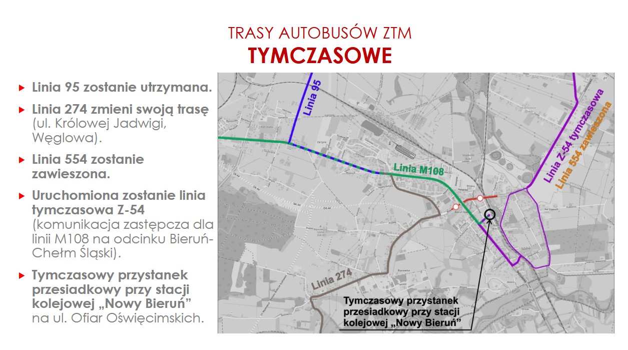 Czarno-biała mapa z zaznaczonymi trasami objazdów autobusów