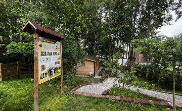 Zdjęcie przedstawiające brukowane chodzniczki posód zielonej trawy, kwitnacych kwiatów oraz drzew. Z lewej strony drewniana tablica informacyjna.