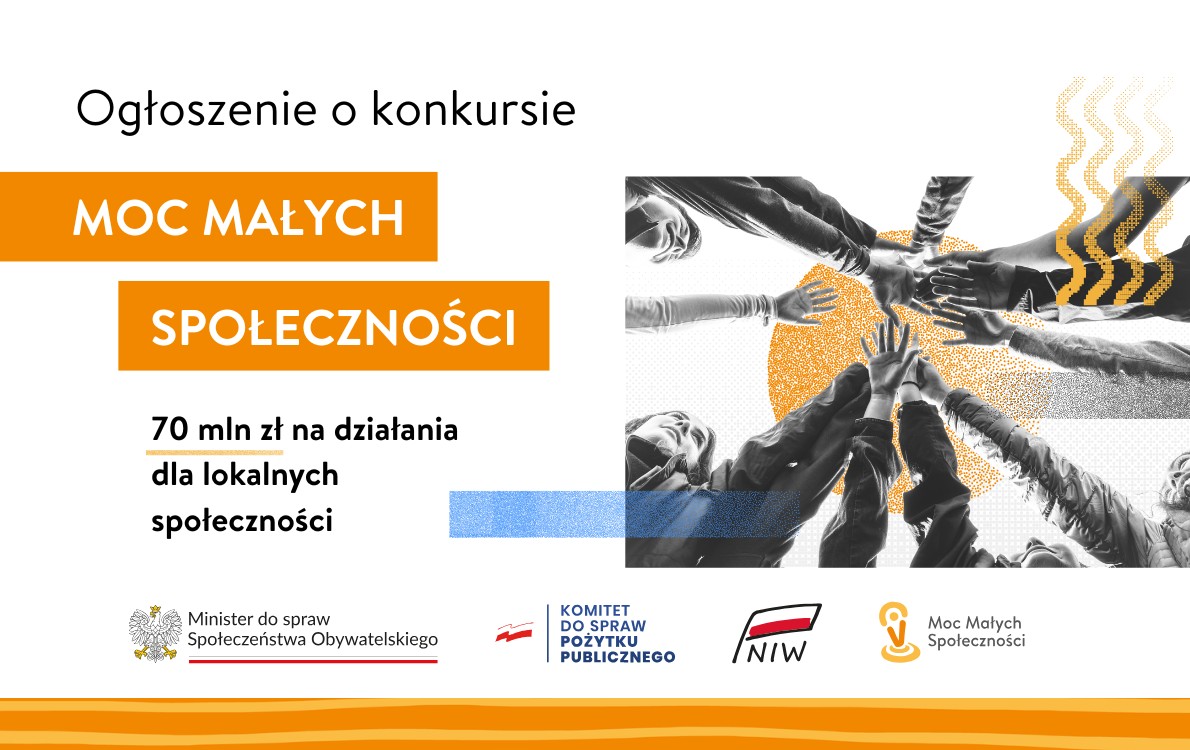 Plakat konkursu "Moc Małych Społeczności" - 70 mln zł na działania dla lokalnych społeczności. Logotypy organizatorów  i grafika rąk symbolizujących współpracę.