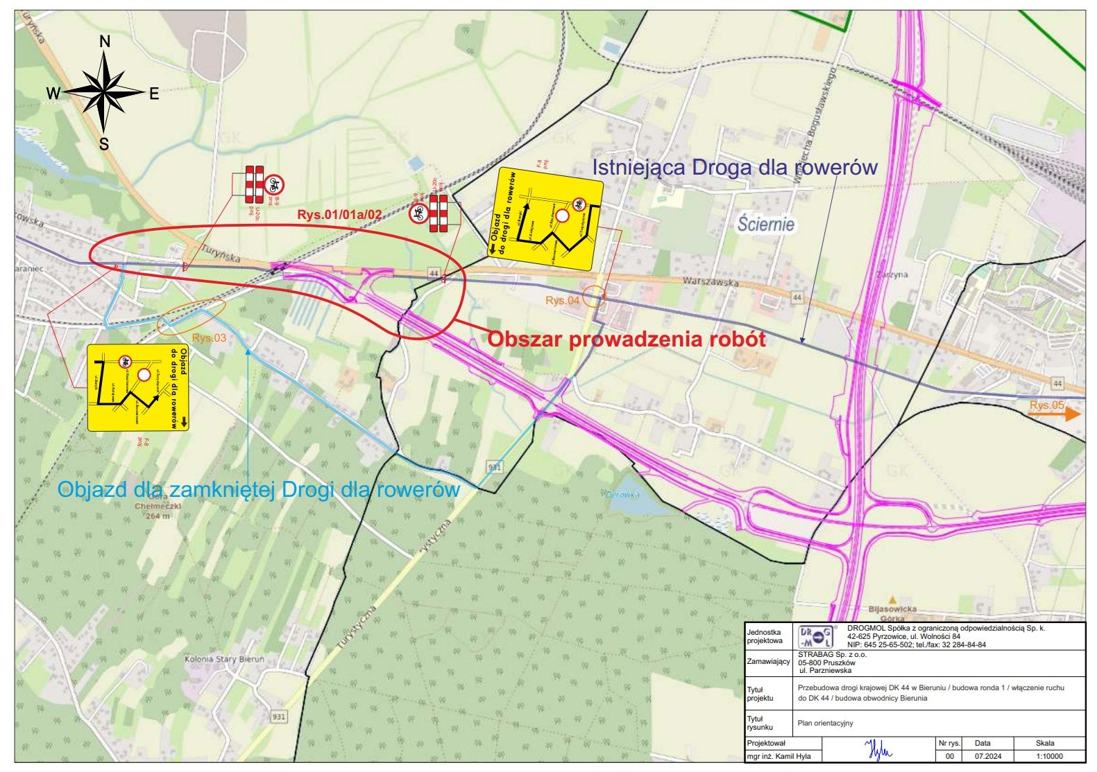 Mapa sytuacyjna. Kolorem różowym zaznaczona jest budowana droga. Kolorem czerwonym zaznaczono obszar prowadzenia robót.