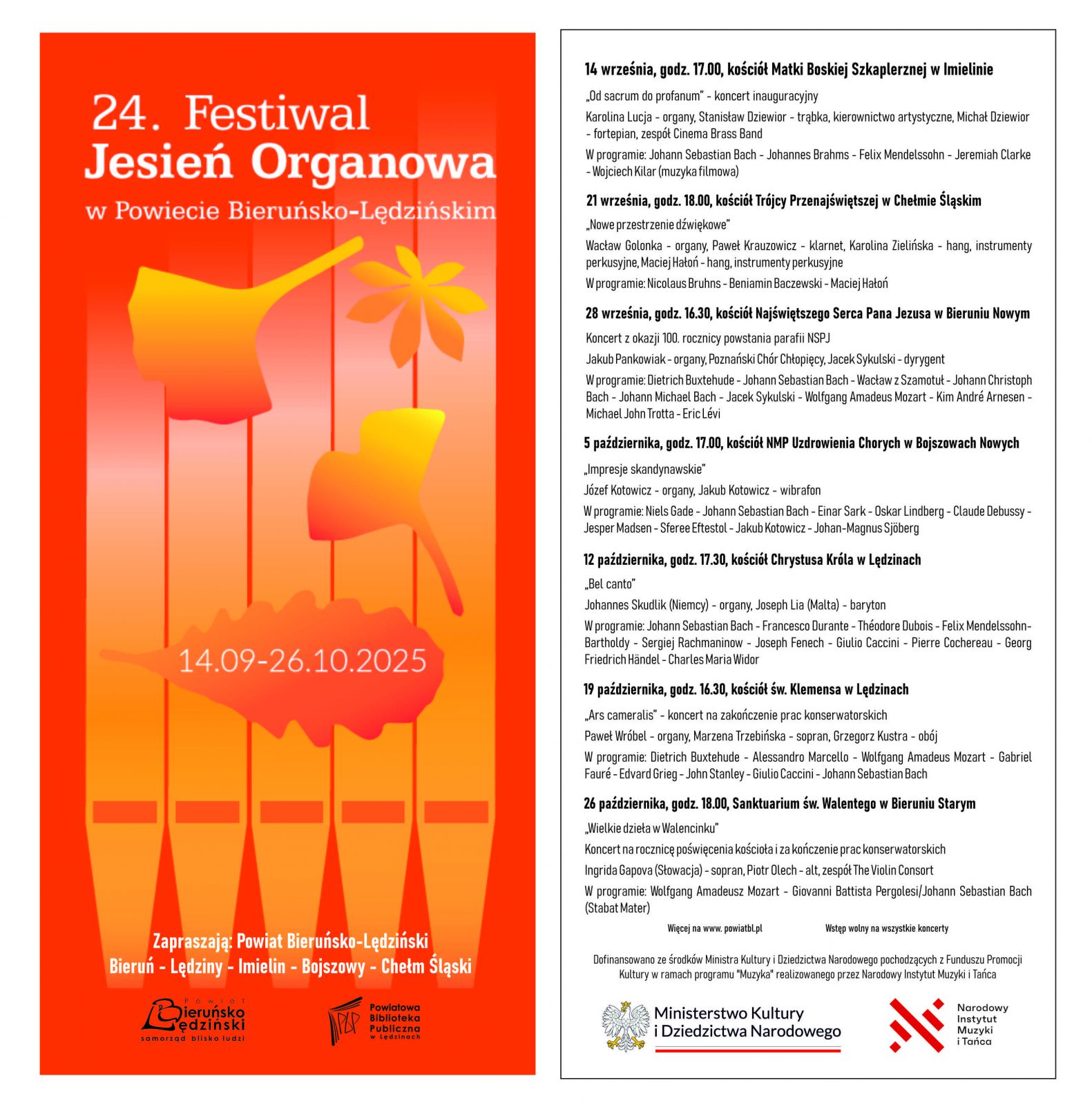 Program Festiwalu Z lewej strony grafika w kolorach pomarańczowego oraz żłótego z piszczałkami organowymi i liśćmi z prawej strony program festiwalu.