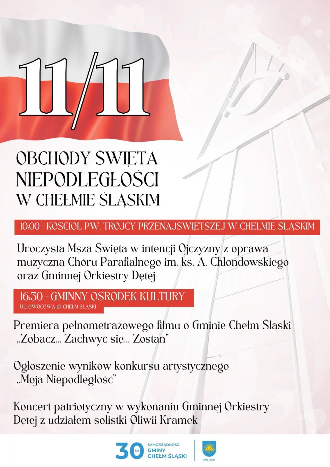 Plakat informacyjny dotyczący obchod&oacute;w Narodowego Święta Niepodległości w Chełmie Śląskim