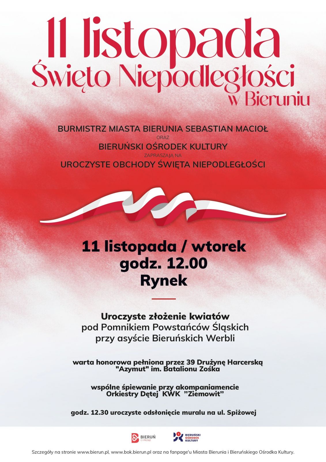 Plakat informacyjny dotyczący obchod&oacute;w Narodowego Święta Niepodległości w Bieruniu