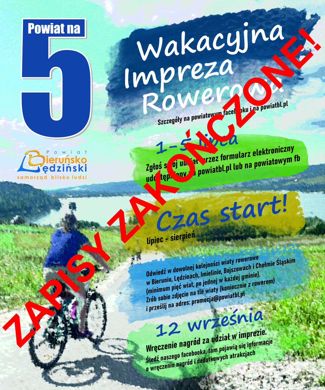 Plakat dot. imprezy rowerowej z czerwonym napisem "Zapisy zakończone"