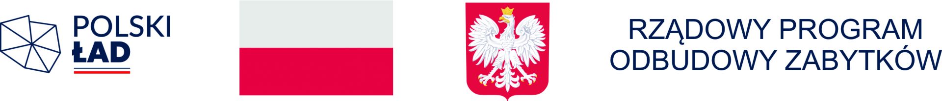 Ciąg znaków: Logo Polski Ład (niebieski kontur Polski z napisem Polski Ład) Flaga Polski, Godło Polski, napis Rządowy Program Odbudowy Zabytków